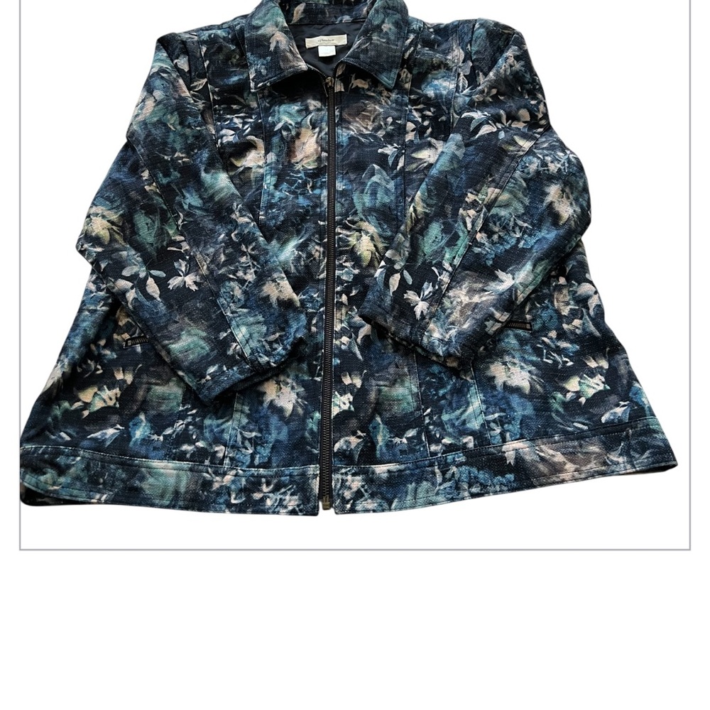 CJ Banks Blue Black White Lightweight Floral Zippered Jacket Women’s Plus SZ 1X
